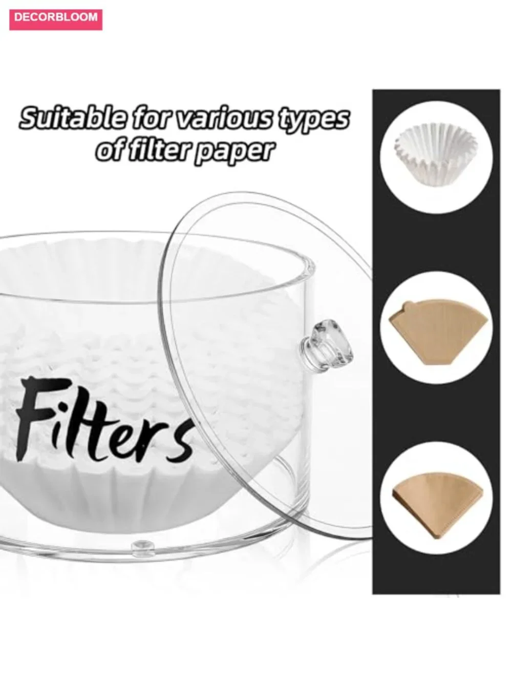 Acrylic Coffee Filter Holder with Lid, Clear Storage Dispenser for Kitchen